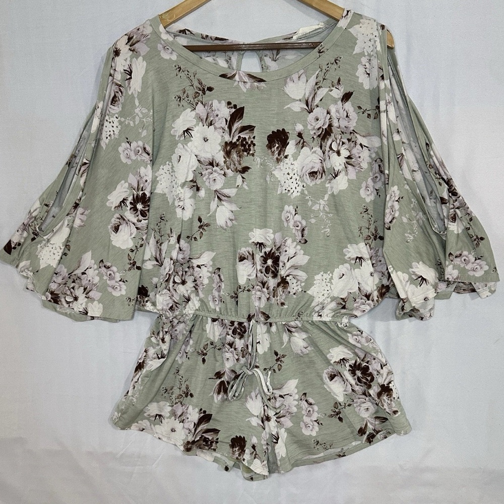 Peach Love California Floral Romper in Sage and White
